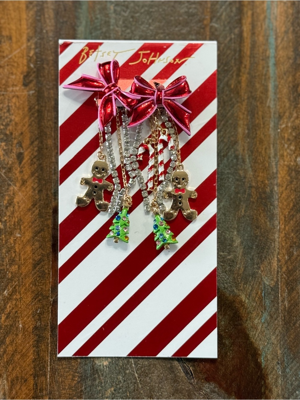 Betsey Johnson Christmas Bow Gingerbread Candy Cane Tree Dangle Earrings NIB